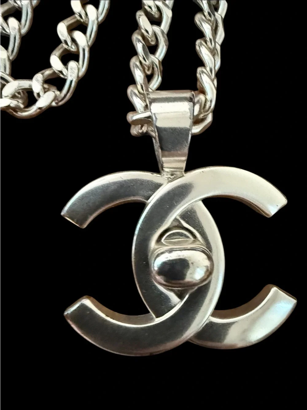 Chanel 1996 CC Turn-lock Silver Tone Interlocking Logo Pendant Necklace
